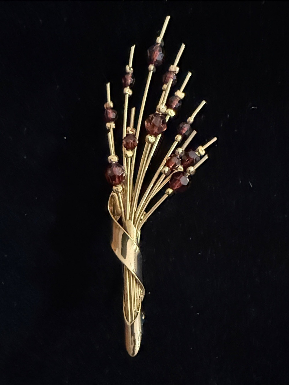 Vintage MCM Flower Bouquet 60s Statement Large Red Beaded Gold Tone Brooch
